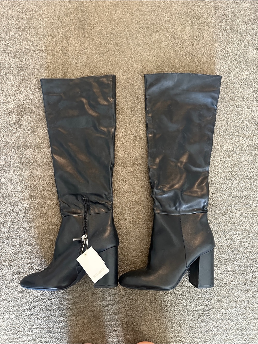 Pull&Bear high leg faux leather boots in black
